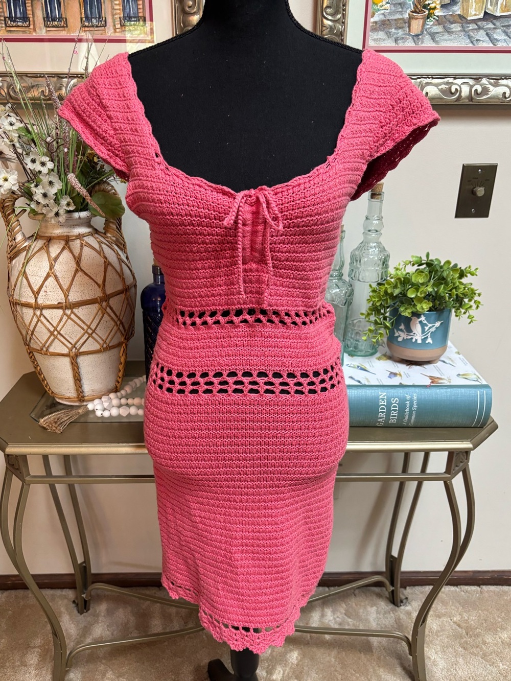 American Eagle Outfitters Coral Pink Crochet Open Knit Casual Mini Dress SZ M